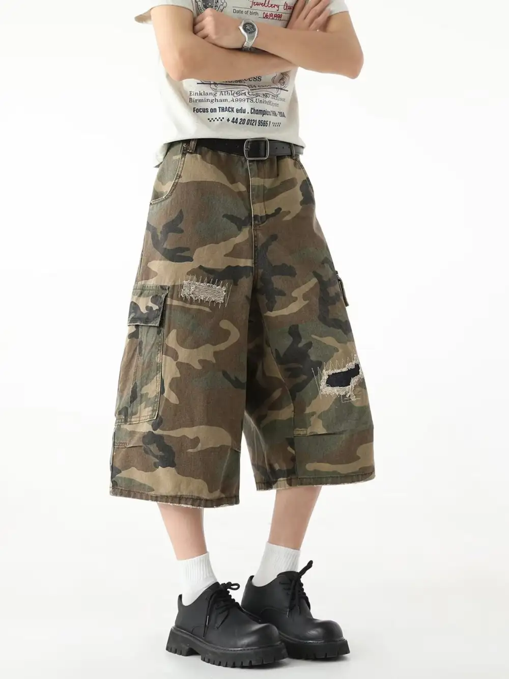 Men's Full Size Distressed Camouflage Denim Shorts Plus