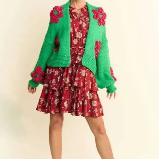 Drop Shoulder Open Front Floral Detail Knit Cardigan