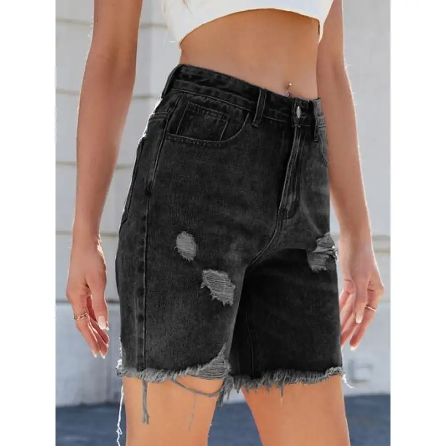 Casual Raw Hem Distressed Denim Shorts