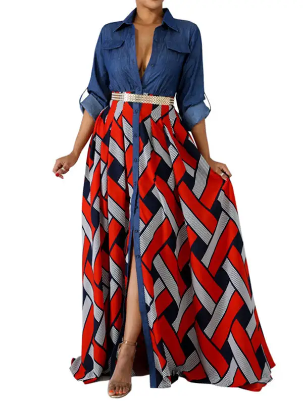 Sleeves Printed Buttoned Long Maxi Dress