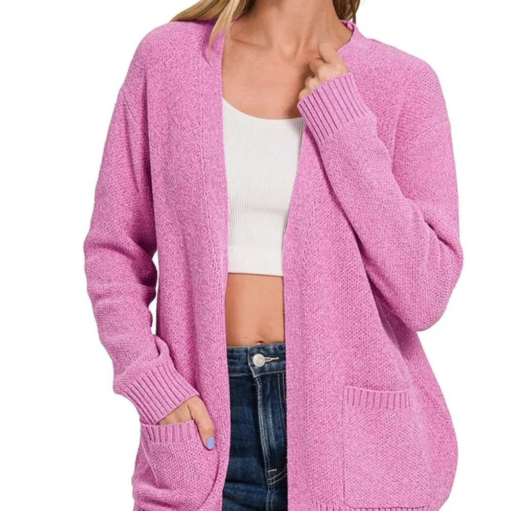 Open Front Textured Pocket Detail Knit Cardigan