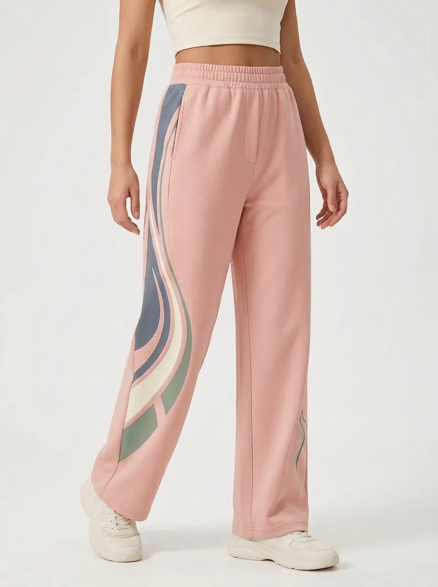 Women's Beige Abstract Print Wide-Leg Sweatpants