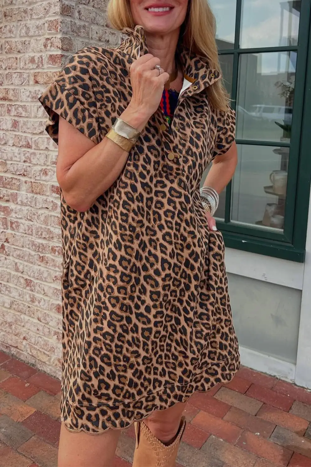 Buttoned Collar Short Sleeve Shift Leopard Dress With Pockets