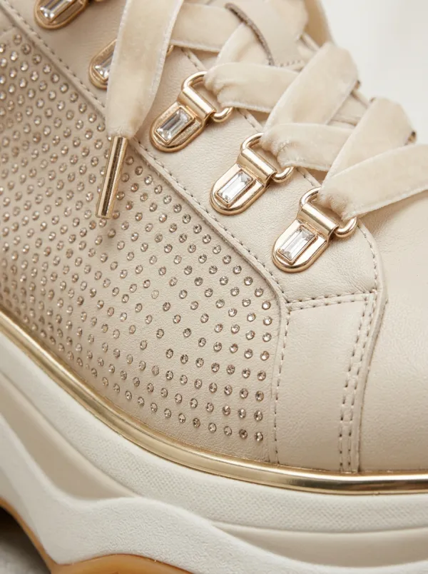 Lace-Detail Low-Top Women's Rhinestone Platform Shoes