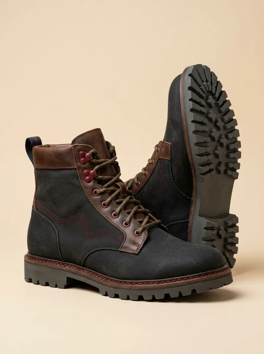 Unisex Canvas Leather Contrast Stitching Print Work Boots