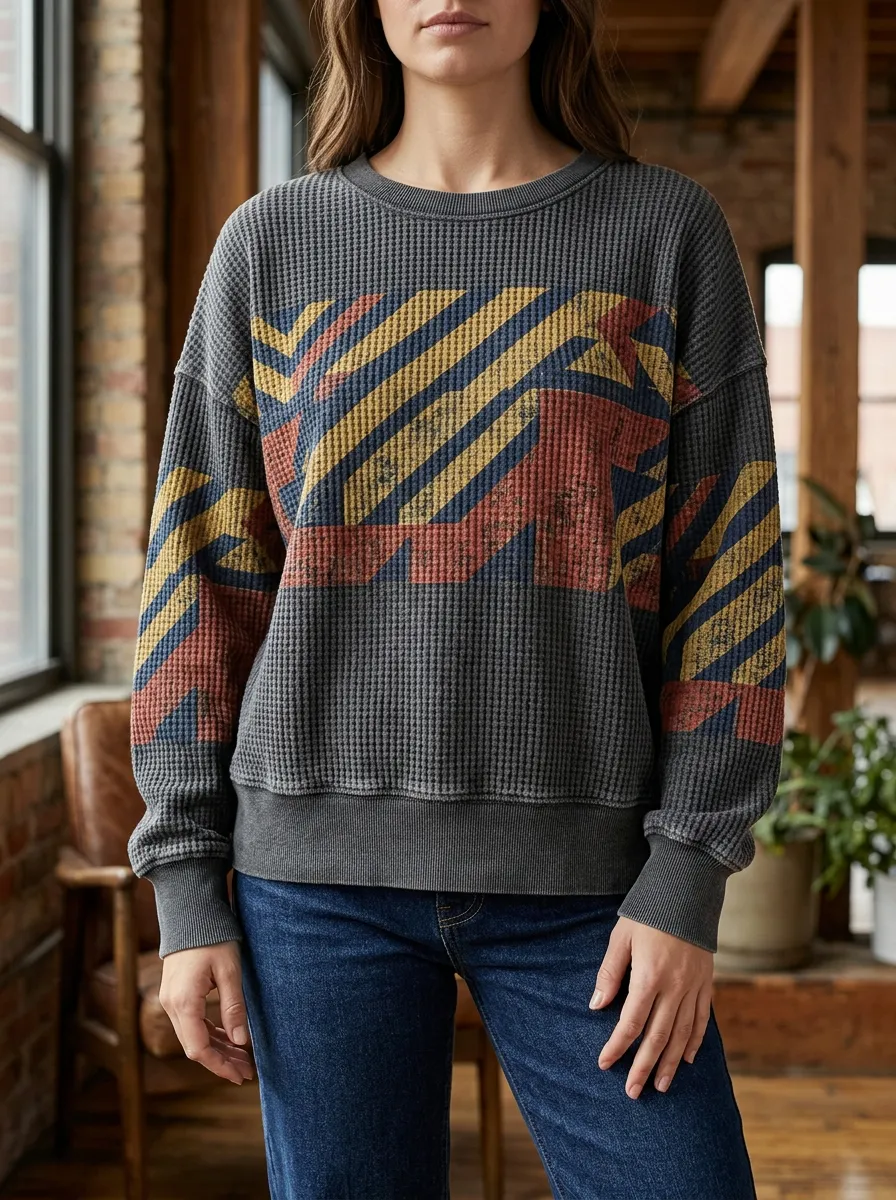 Women's Geometric Stripe Pattern Printed Waffle Knit Sweatshirt