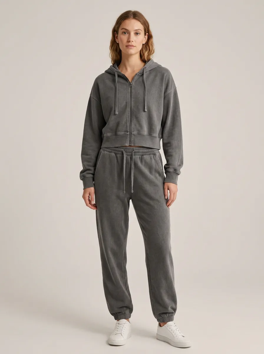 Zip-Up Vintage-Wash Jogger Women's Cropped Zip-Up Hoodie Jogger Active Set