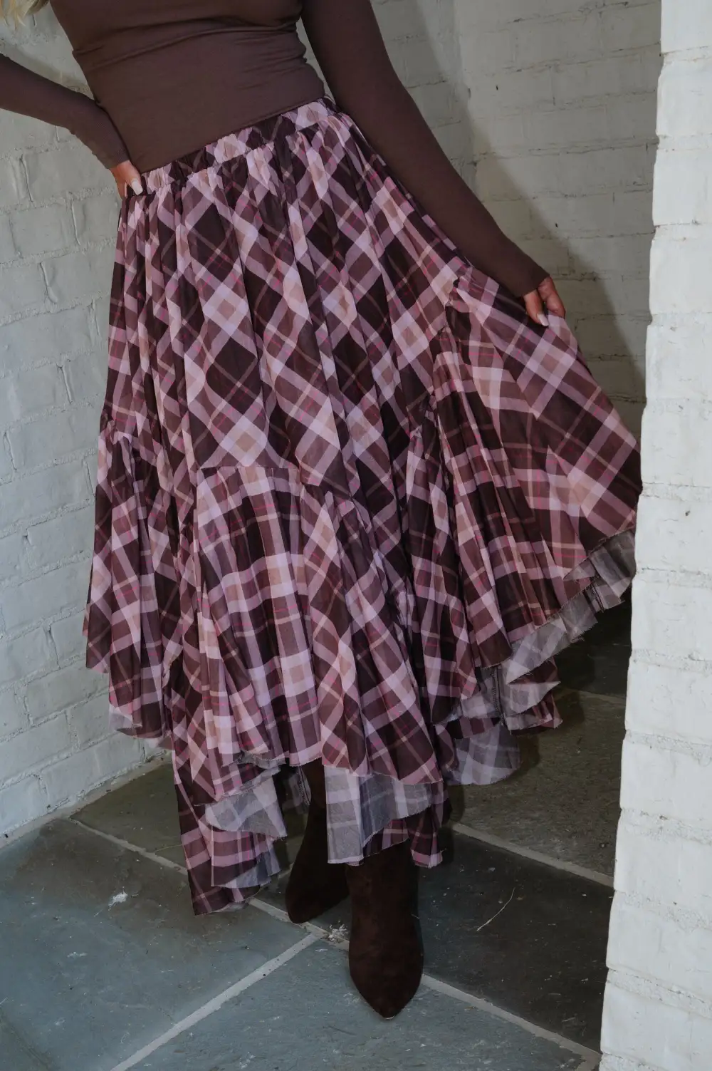 Plaid Mid Rise Maxi Skirt