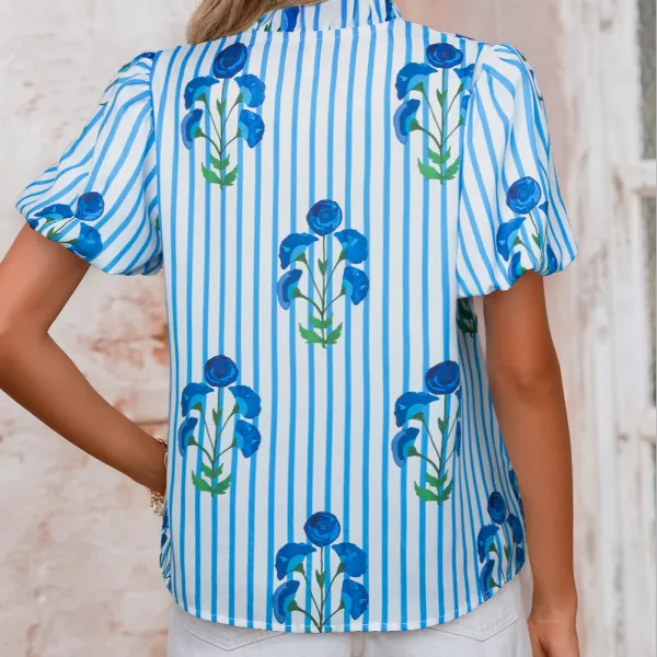 Striped Floral Notched Neck Blouse