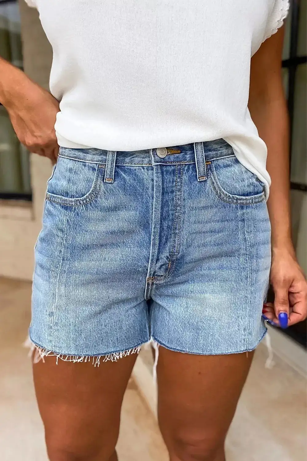 High-Waist Raw-Hem Frayed Pocketed Denim Shorts
