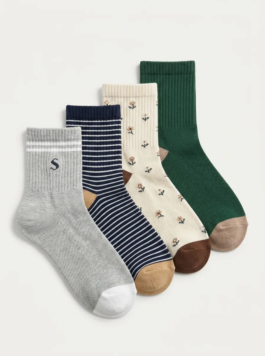 Floral Striped Vintage-Inspired Men's Four-Pair Long Socks