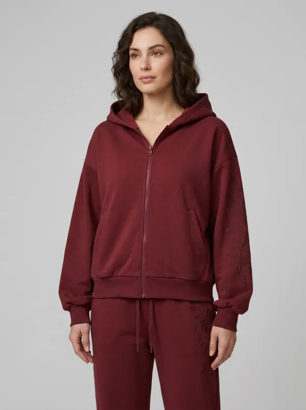 Women's Sage Green Floral Embroidered Everyday Zip-Up Hoodie Jacket & Jogger Set