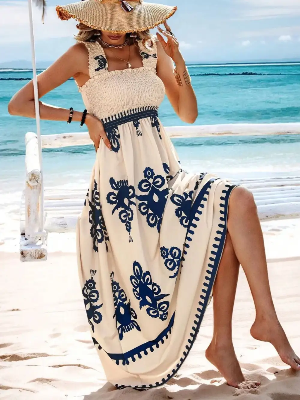 Smocked Printed Wide Strap Maxi Dress