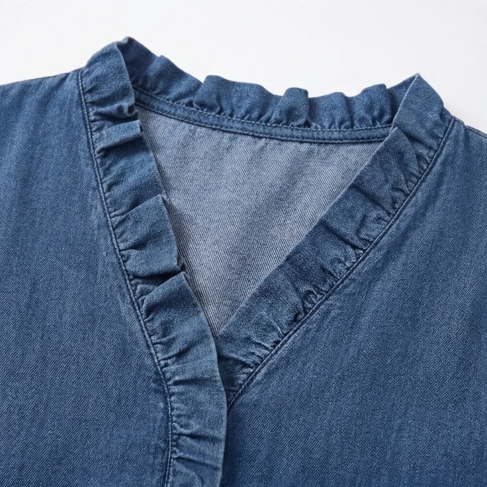Ruffle V Neck Denim Blouse