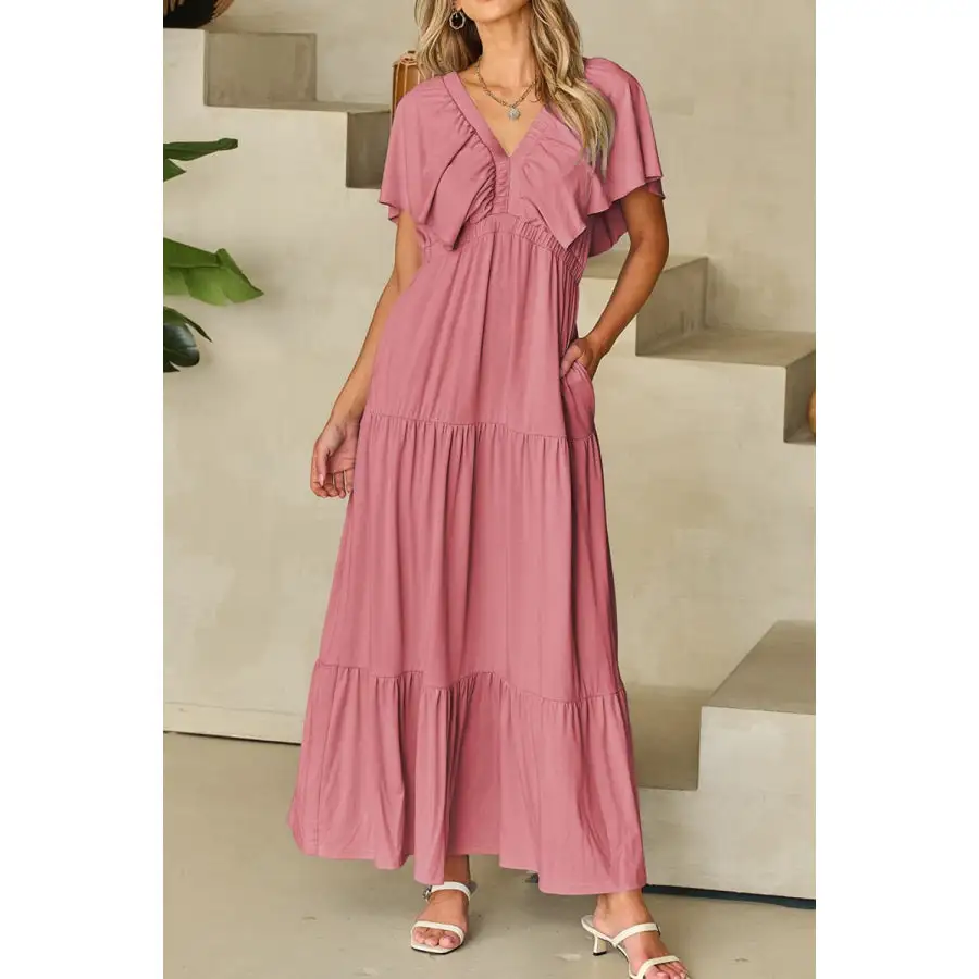 Ruffled V Neck Flutter Sleeve Maxi Dress