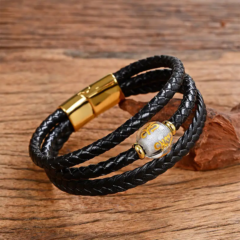 Bead Tiger Eye Amethyst Craved Leather Bracelet