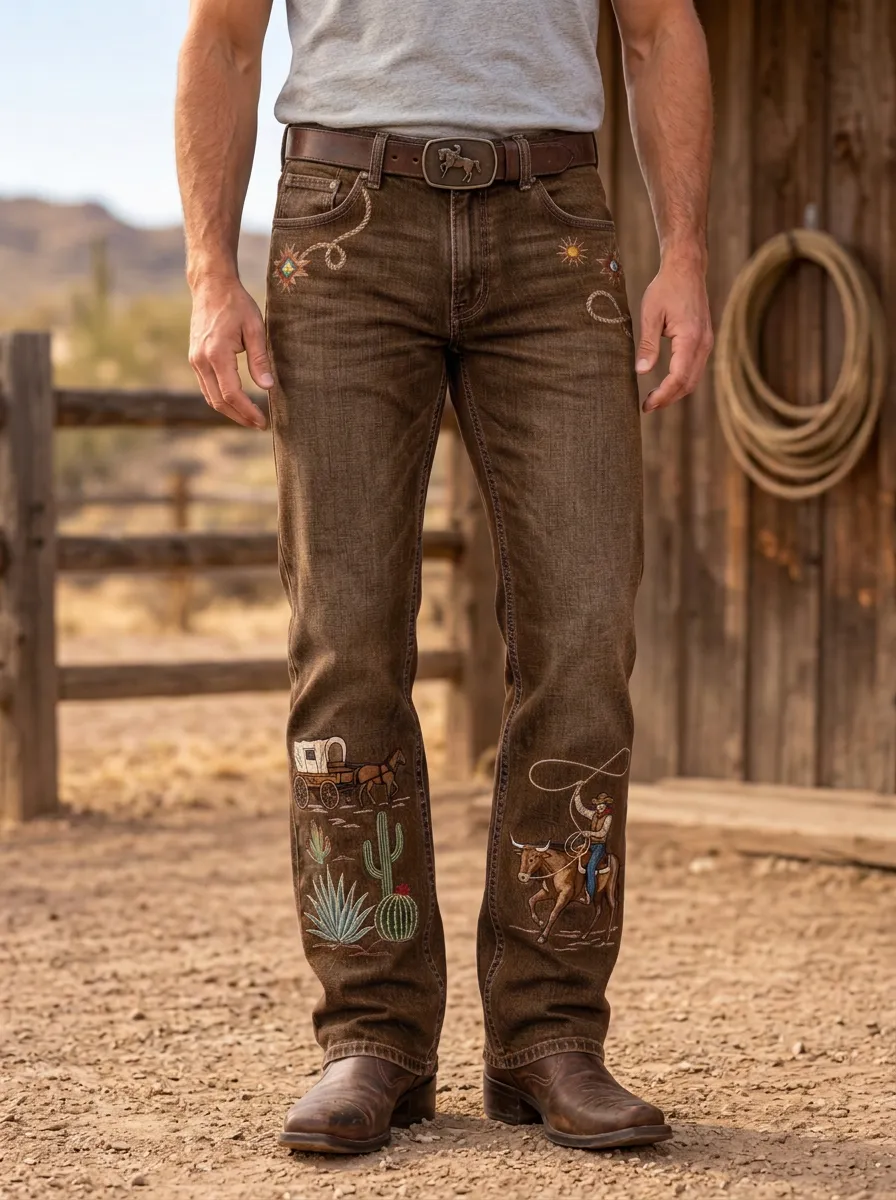 Men's Western Cowboy Rodeo Cactus Jeans