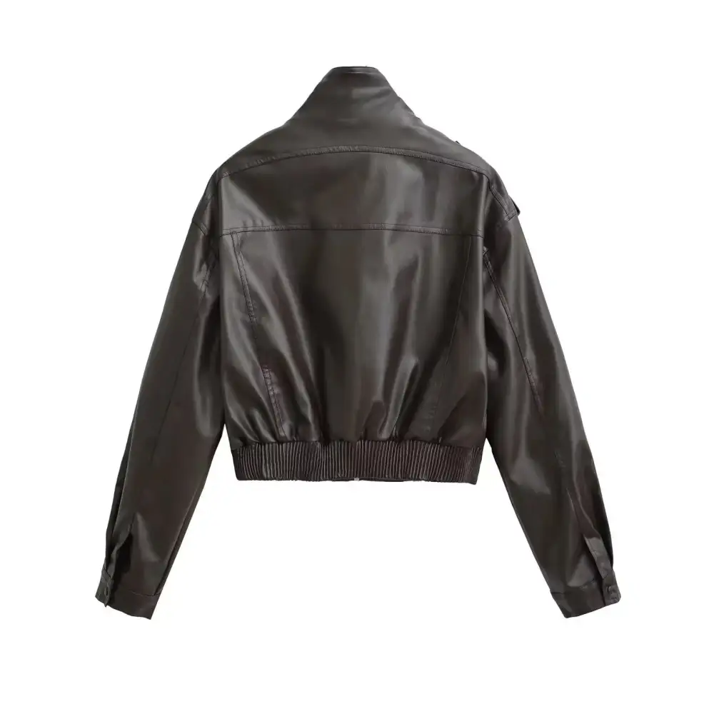 Cropped Tailored Stand Collar Ribbed Trim Bomber Jacket