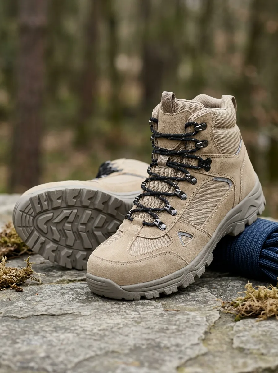 Unisex Vintage Outdoor Hiking Adventure Khaki Suede Printed Boots