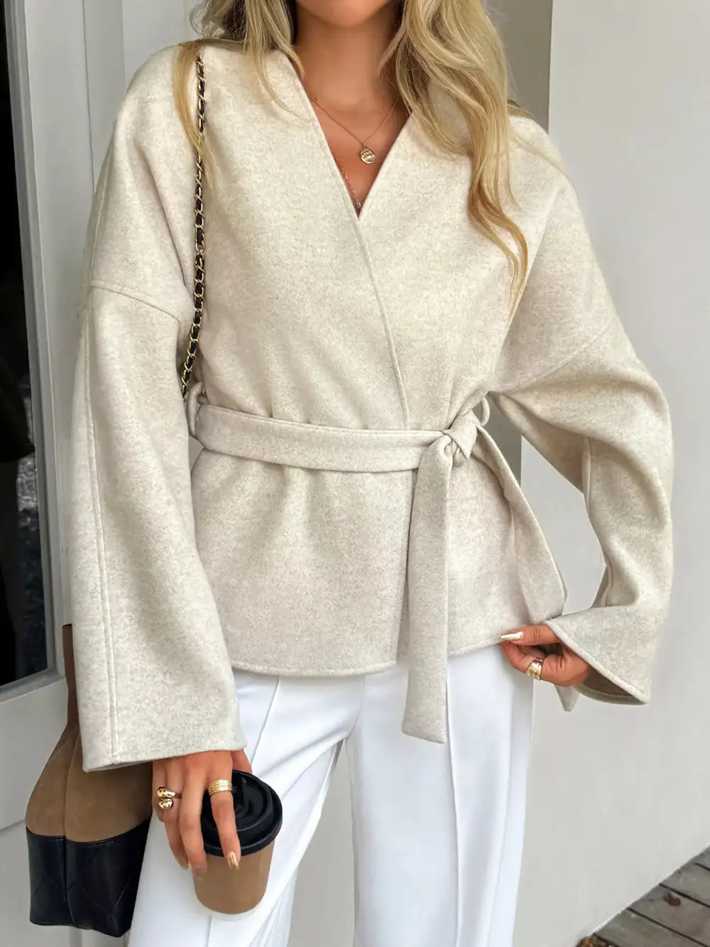 Surplice Dropped Shoulder Tie Belt Outerwear