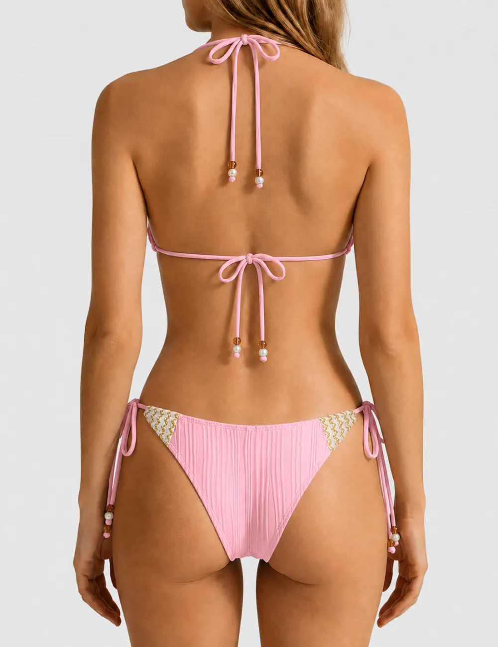 Ribbed Beaded Halter Triangle Two Piece Bikini Set