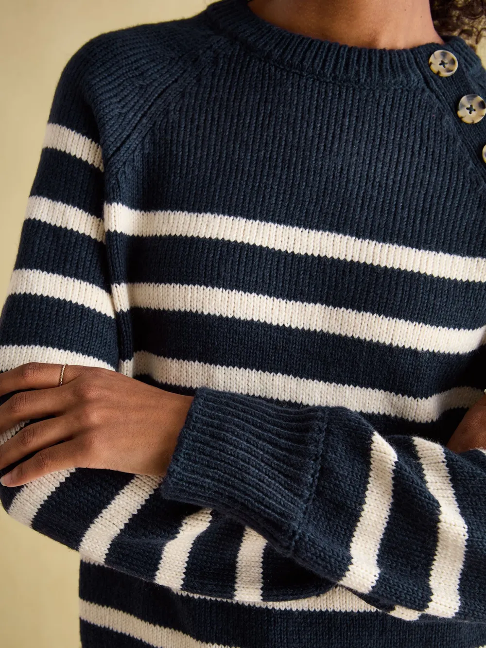 Navy Striped Button Neck Jumper