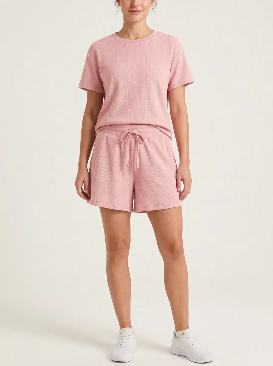 Women's Everyday Waffle Textured T-Shirt and Shorts Active Set