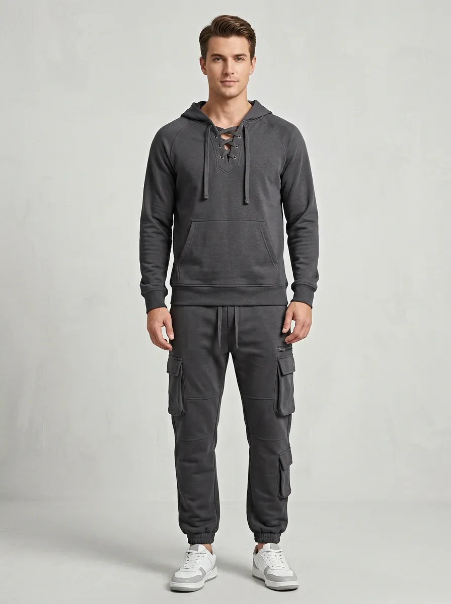Functional Lace-Up Multi Pocket Collection Men's Lace Up Hoodie And Cargo Jogger Set