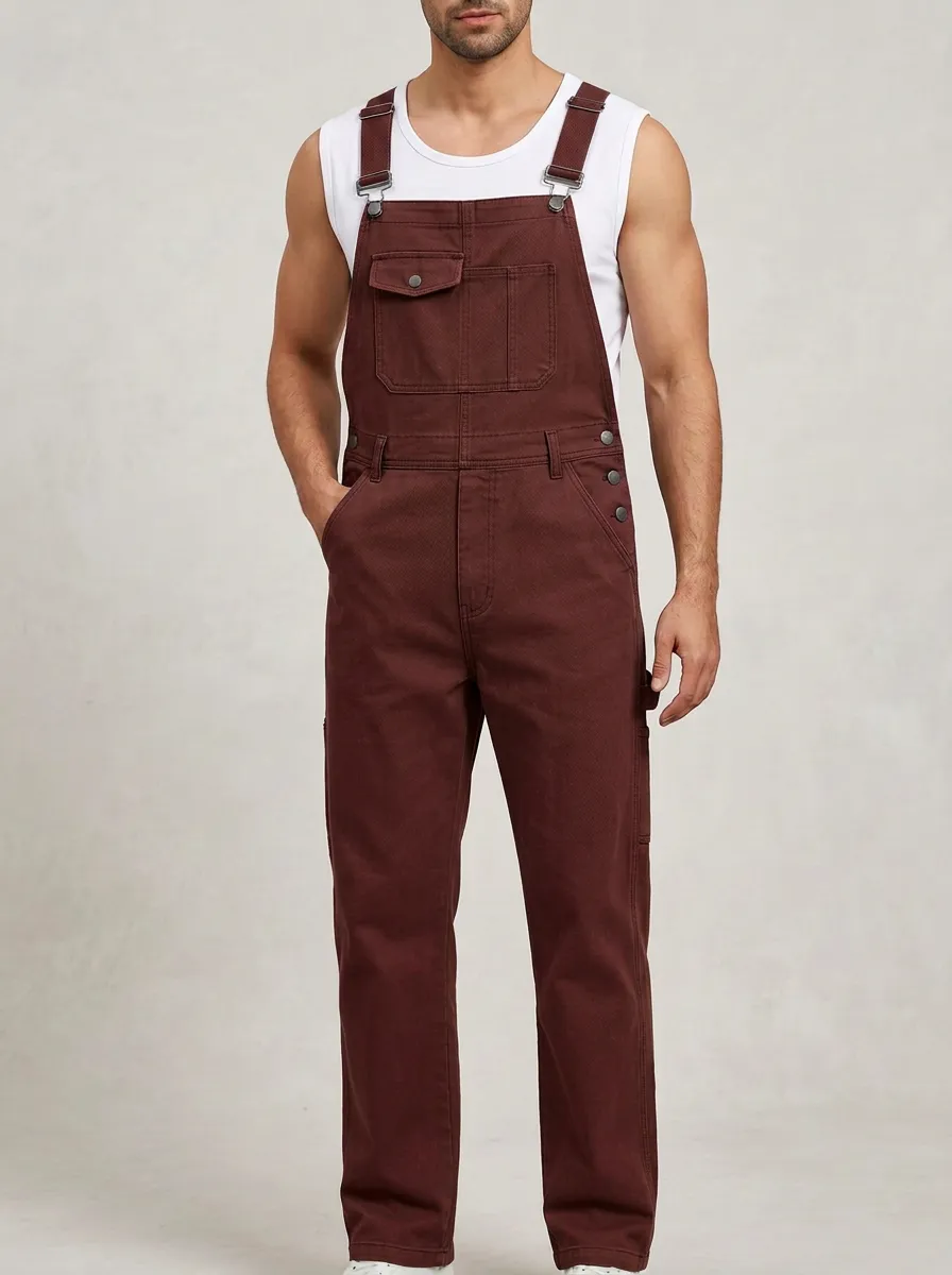 Men's Casual Olive Green Utility Pocket Denim Overalls
