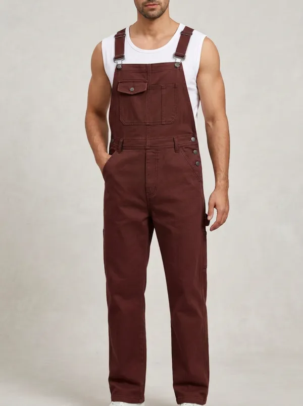 Men's Casual Olive Green Utility Pocket Denim Overalls