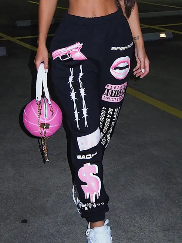 Print Elastic Waist Sports Harem Pants