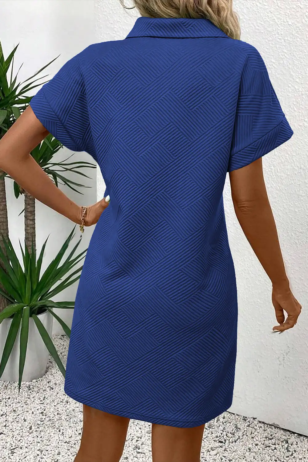 Solid Textured Short Sleeve A-Line Mini Dress