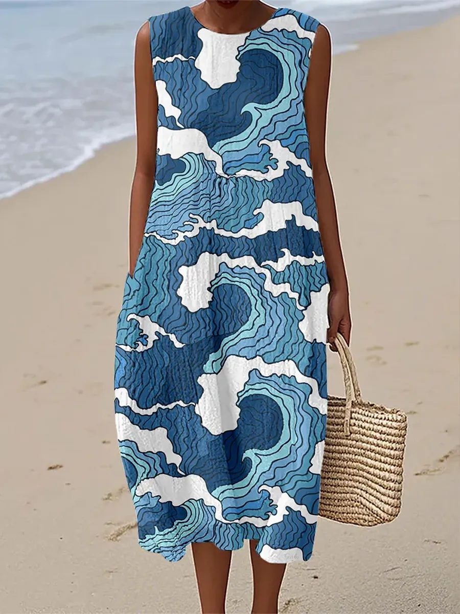 Women'S Ocean Wave Print Linen Dress