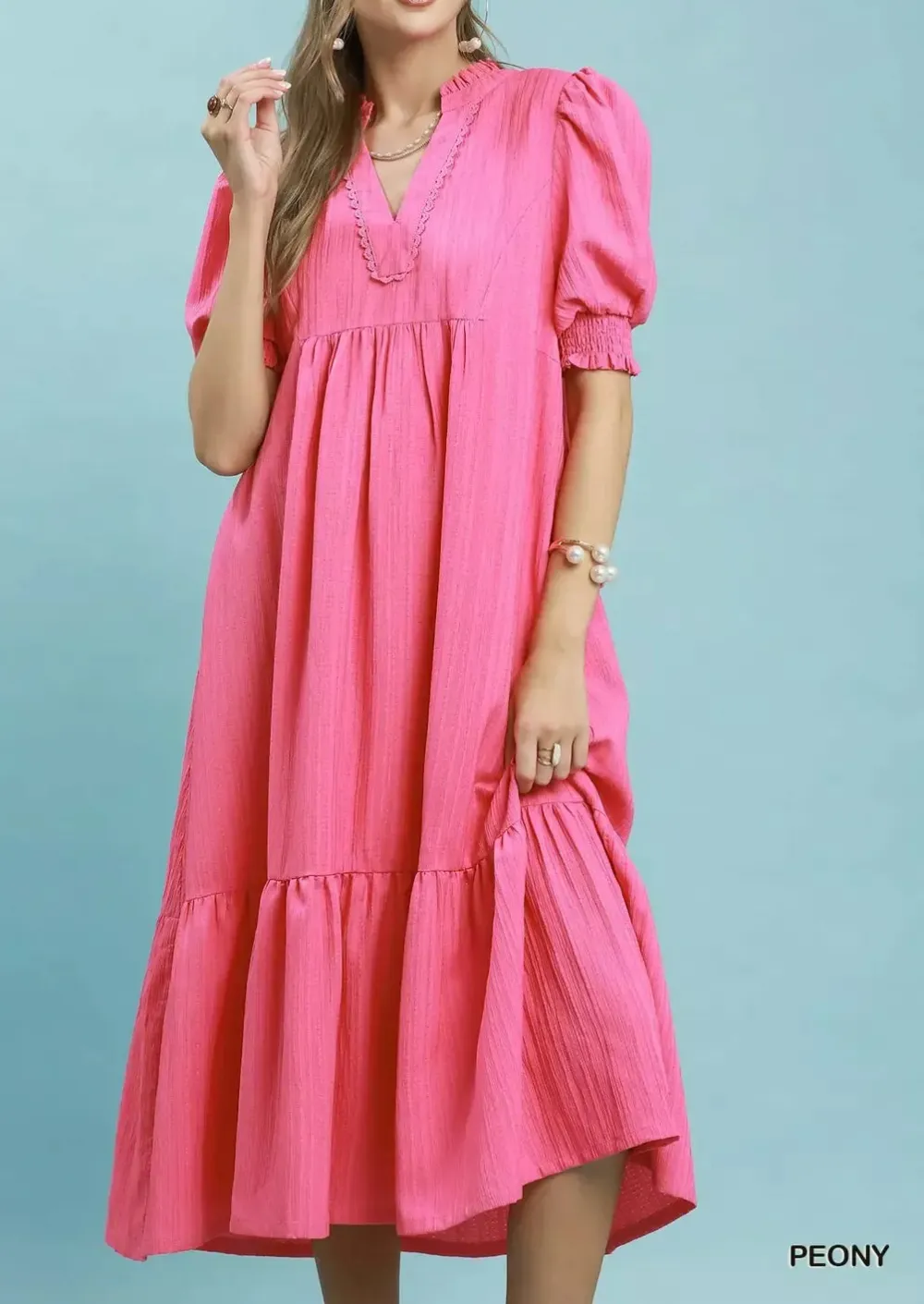 Textured Puff Sleeve Midi Dress