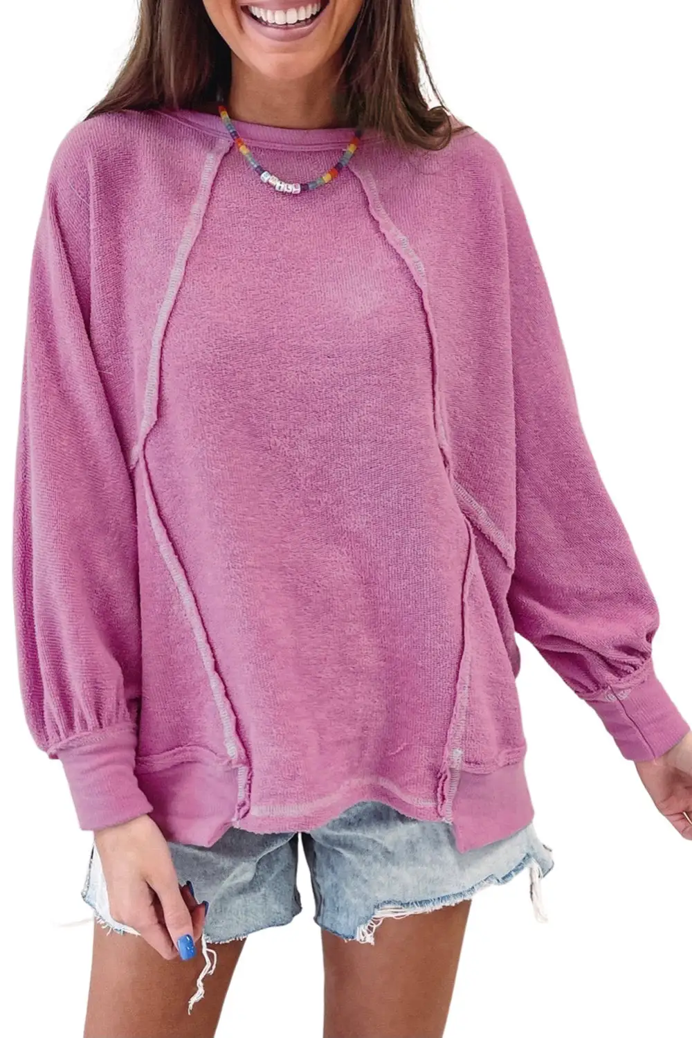 Exposed Seam Round Neck Terry Pullover