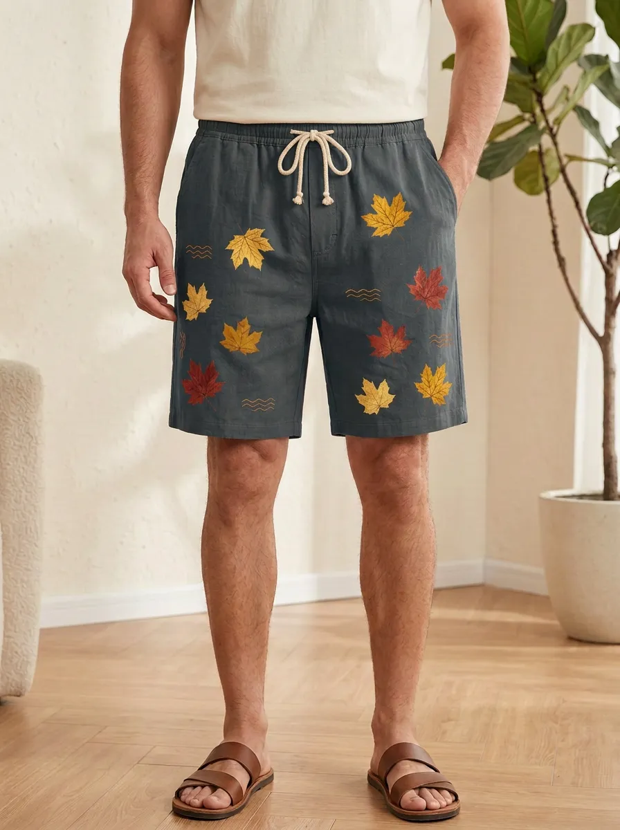 Tan Leaf-embroidered Drawstring Drawstring Shorts