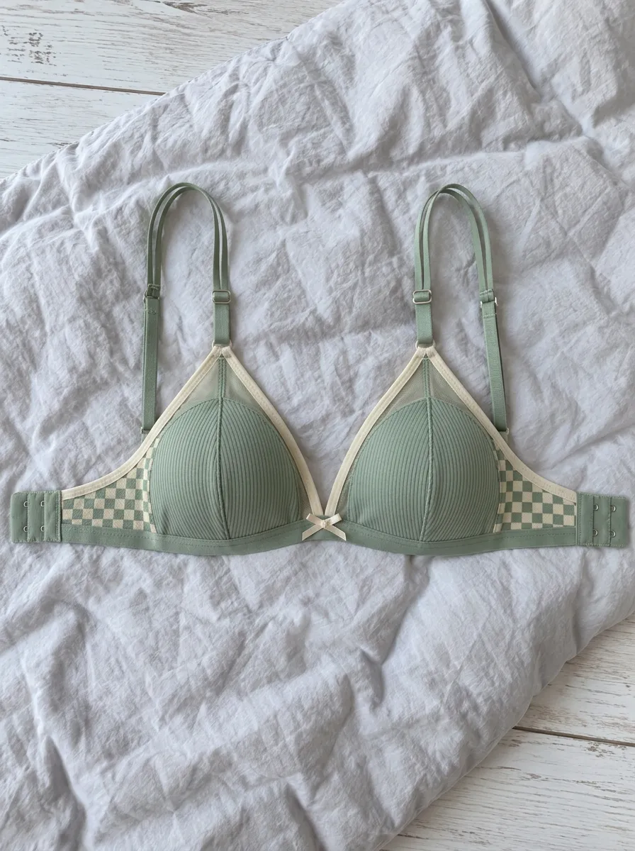 Women's Sage Green Checkered Ribbed Mesh Printed Bra