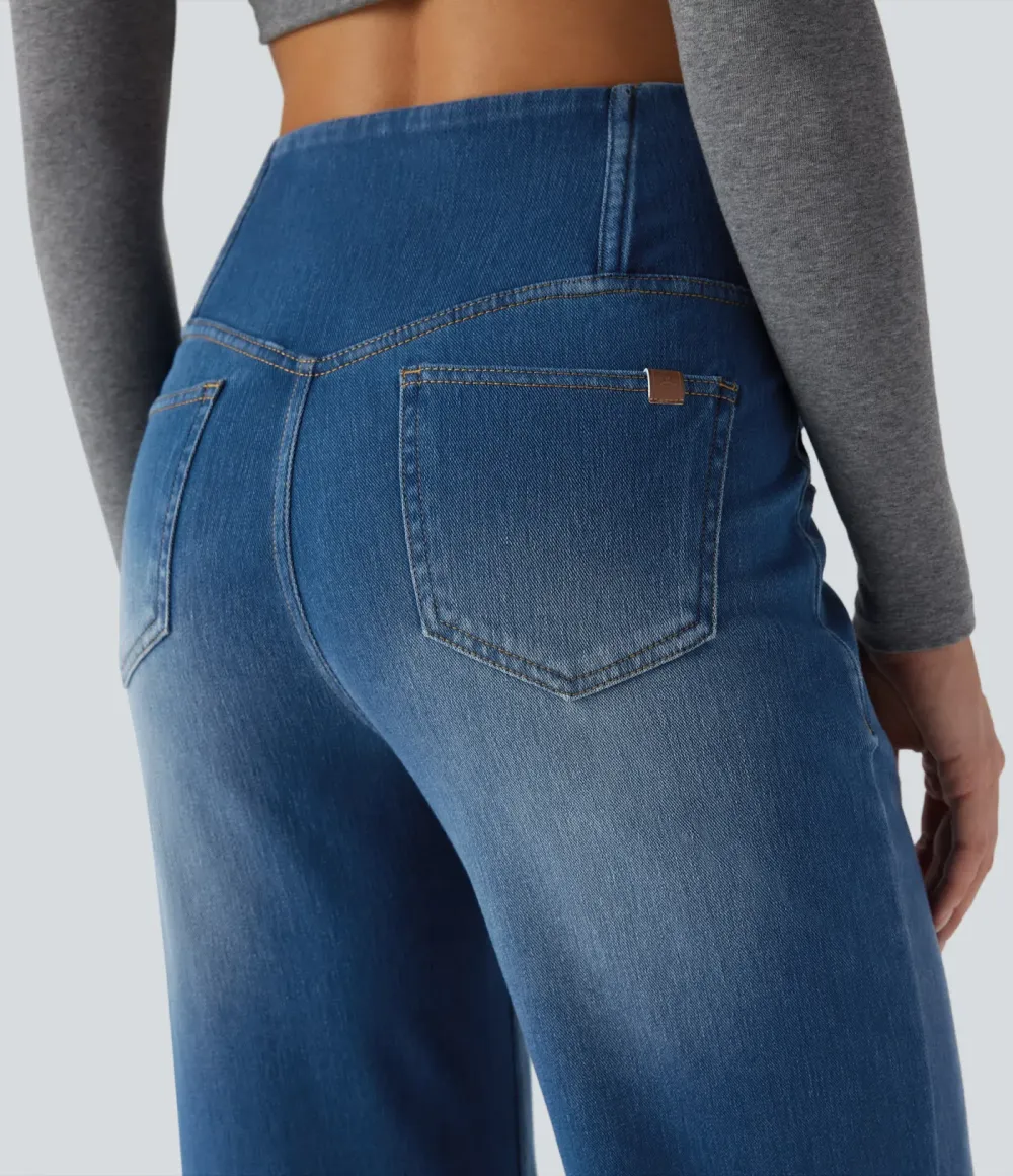 High-waisted, relaxed, crossover straight-leg jeans with  pockets
