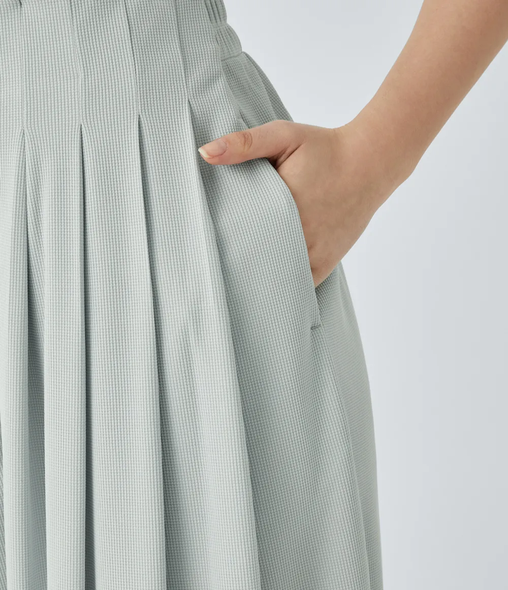 High Waisted Pleated Side Pocket Flowy Wide Leg Palazzo Waffle Casual Pants