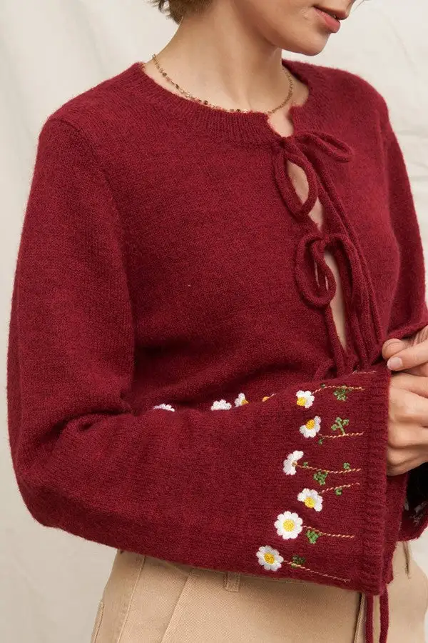 Red Tie-Front Floral Knit Cardigan