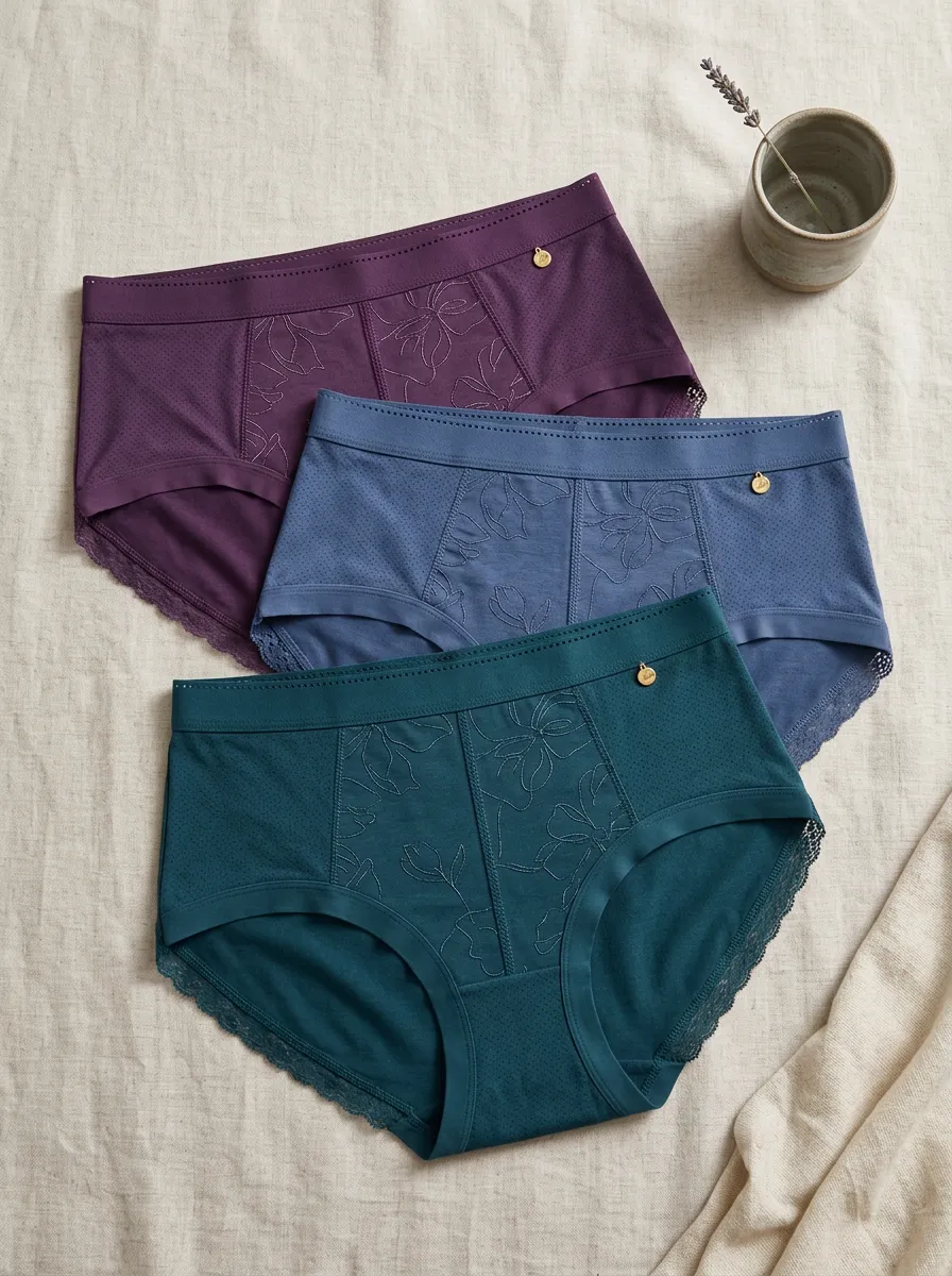 Women's Floral Embroidered Lace Trimmed Cotton Panties Set