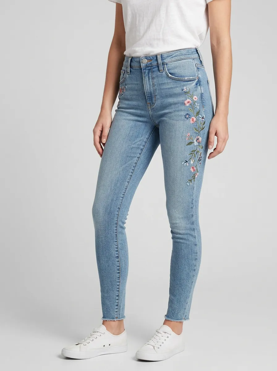 Women's Floral Vintage Flower Embroidered Slim Jeans