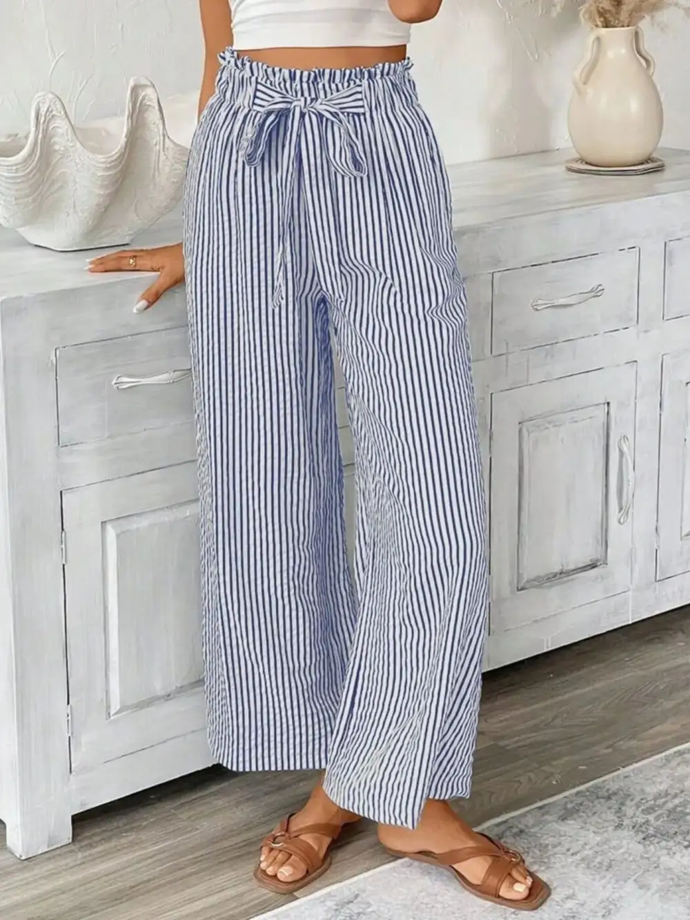 Wide Leg Paperbag Waist Striped Cropped Pants