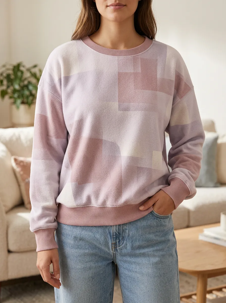 Women's Lavender Geometric Print Crewneck Sweatshirt Fleece