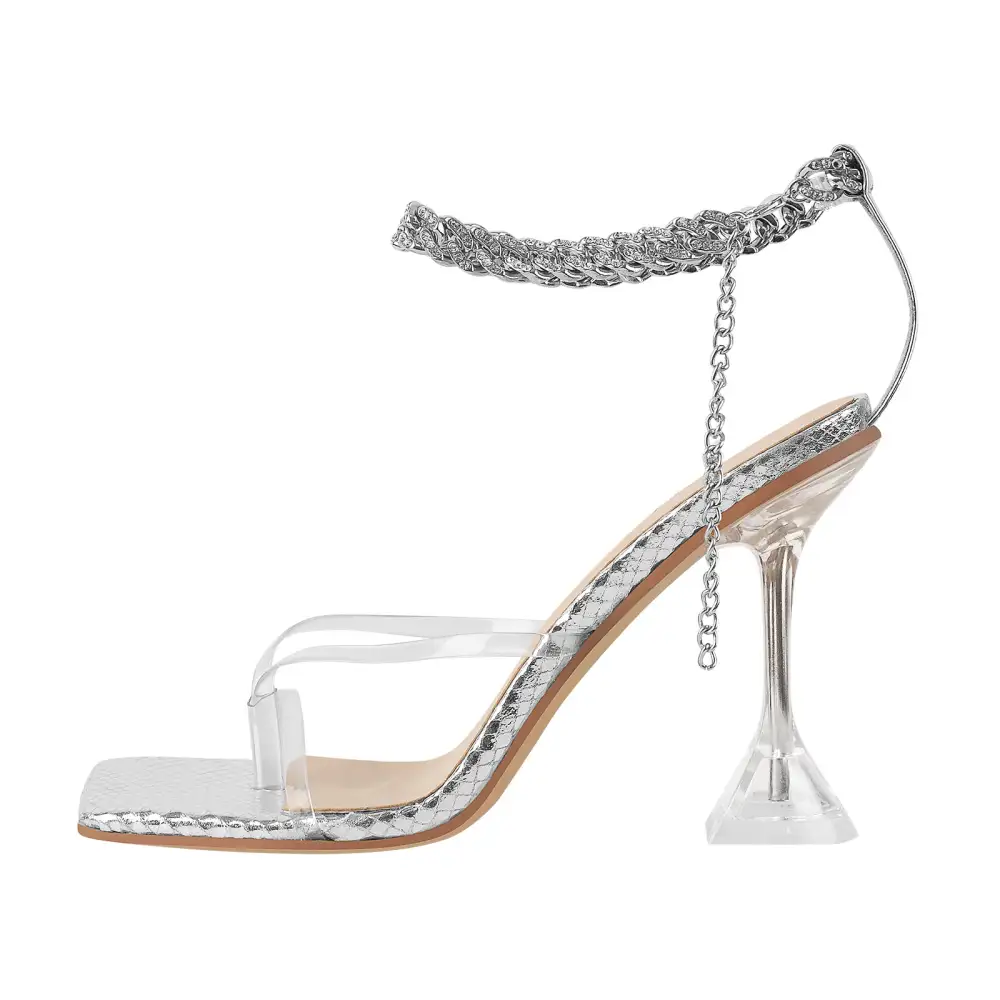 Square Toe Metal Chain Tapered Heel Sandals