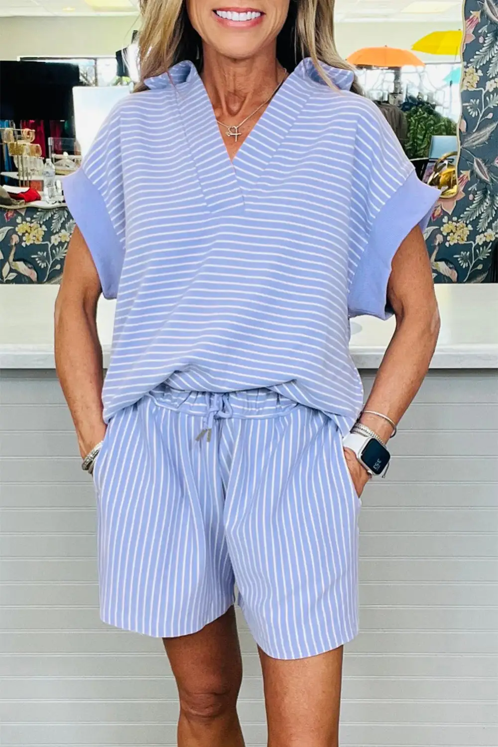 Stripe Sleeve Relaxed Shorts Lounge Set Studio