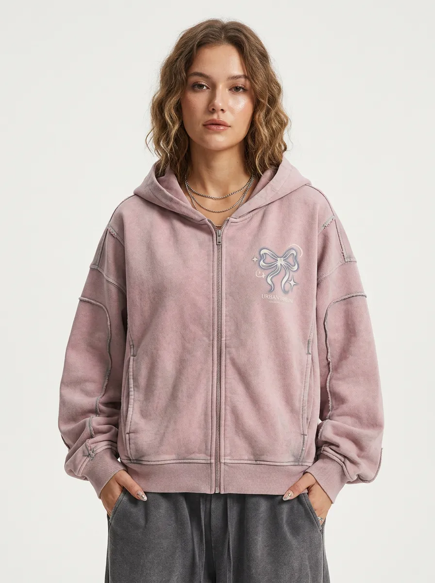 Women's Streetwear Aesthetic Bow Printed Washed Zip-up Hoodie