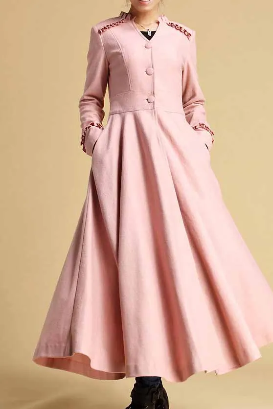 Wool Blend Fit and Flare Button Front Long Coat