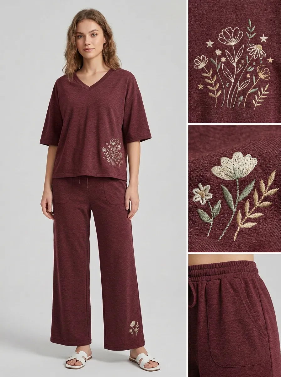 Women's Cropped Floral Embroidered V-Neck Top And Drawstring Wide-Leg Trouser Lounge Set