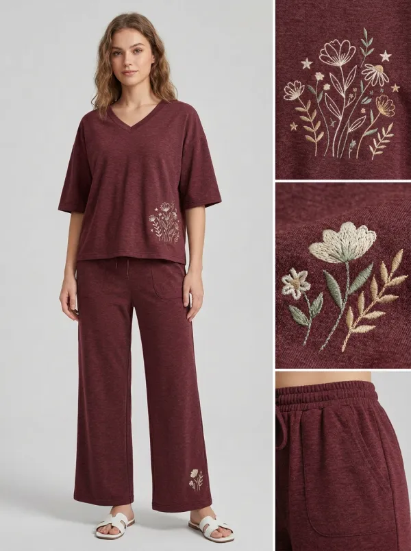 Women's Cropped Floral Embroidered V-Neck Top And Drawstring Wide-Leg Trouser Lounge Set